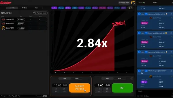 A round climbing past 2.84x with the Cash Out button lit.