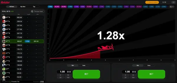 Desktop Aviator interface with live bets list and two bet panels.