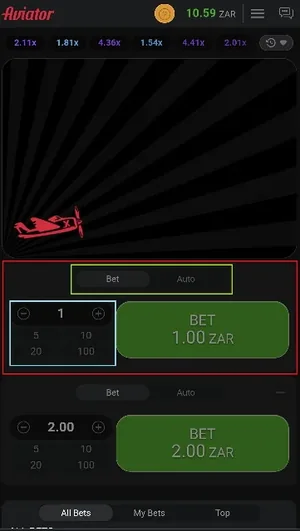 Mobile Aviator screen showing the Bet and Auto panels.
